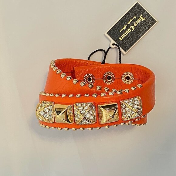 Juicy Couture Leather Jeweled Wrap Bracelet Orange Gold Studs NEW - Picture 3 of 8